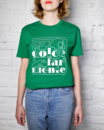 Ana wears green organic t shirt from lfp collection