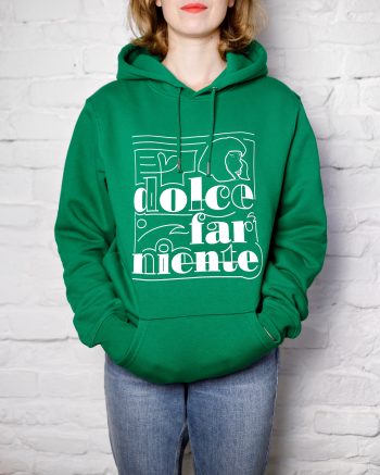 Ana wears organic green hoodie from lfp collection