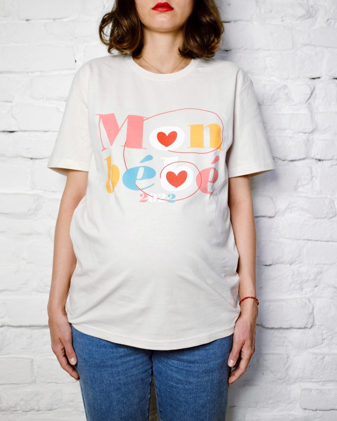 Pregnant Ana Bacinger wears vintage white Mon Bébé 2022 T-shirt from her LFP collection