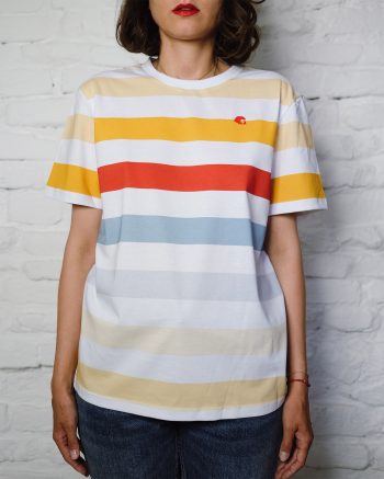 Ana in rainbow striped t shirt from lfp collection